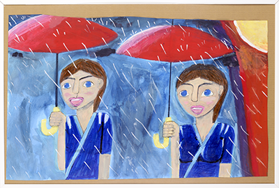 ヒト達と吉祥な傘(八(はち)吉祥(きっしょう)とブータンの国章のオマージュ)